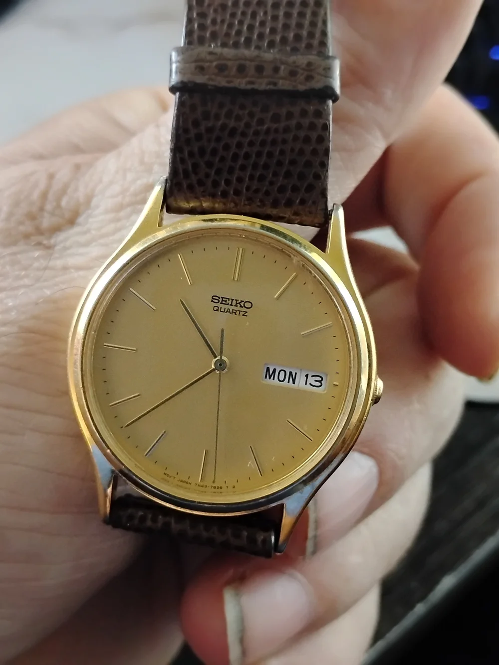 Seiko Quartz Men's Gold Dial Watch with Brown Leather Strap